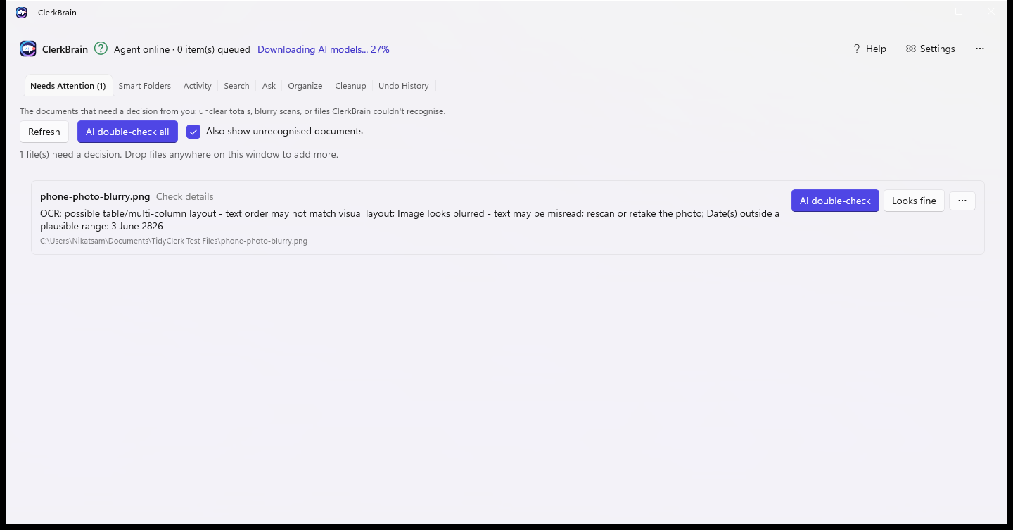 ClerkBrain showing documents that need a quick check before filing
