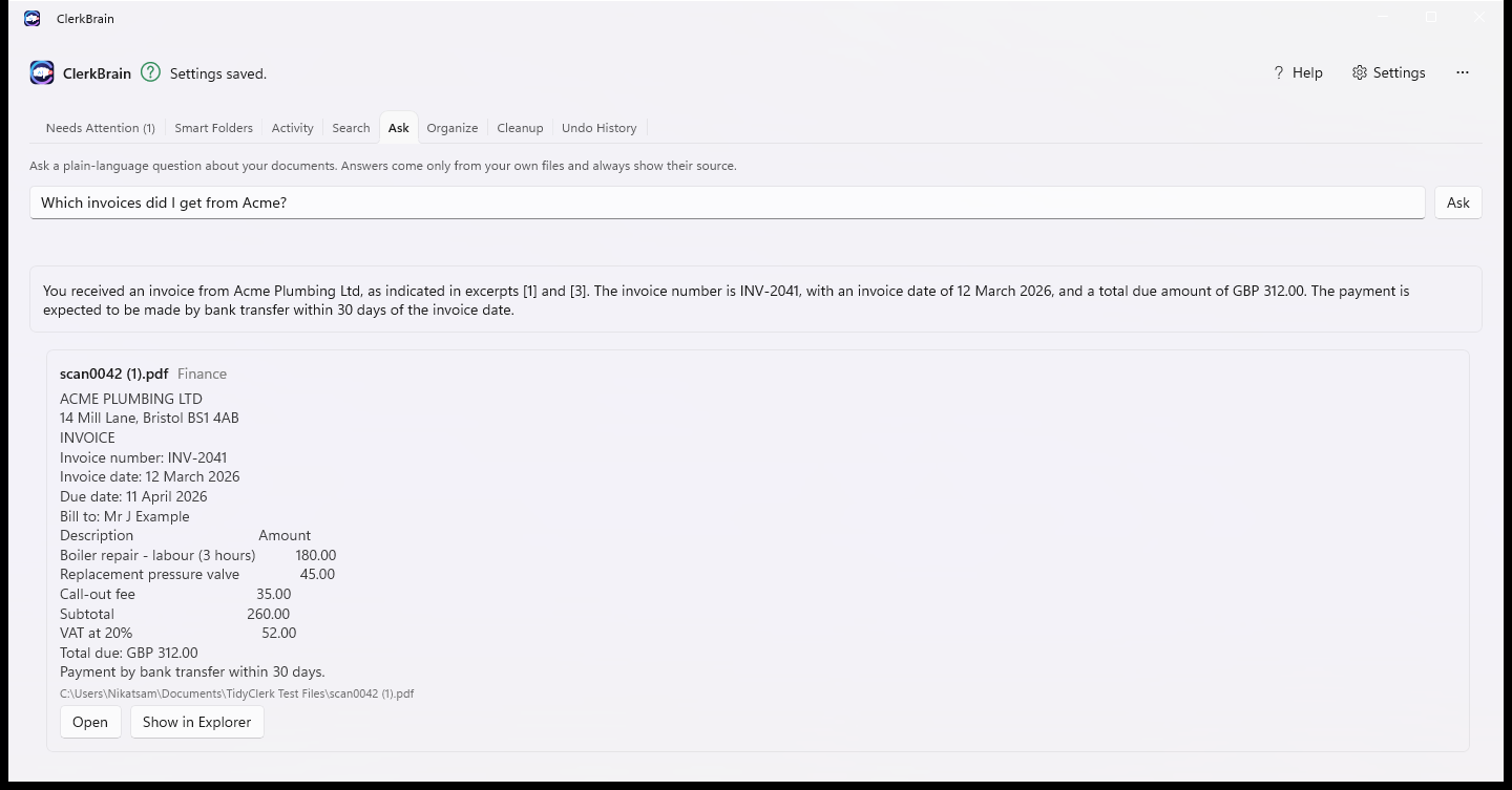 ClerkBrain answering a natural-language question with the source document shown underneath