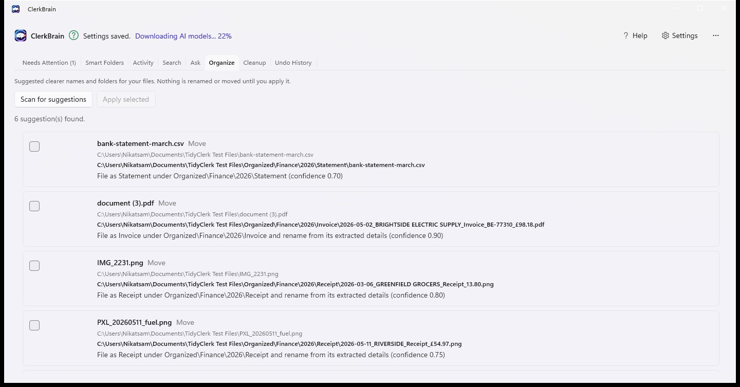 ClerkBrain suggesting clear names and folders for invoices based on supplier, date and amount